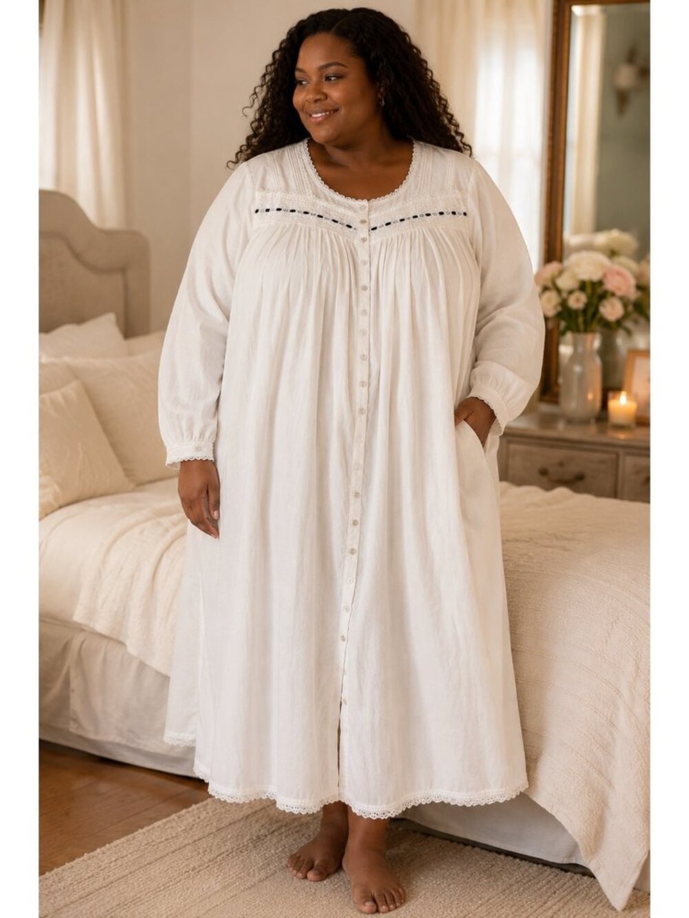 Romantic Cottagecore Eileen West White Cotton Nightgown 1X Lace Trim Button Fron